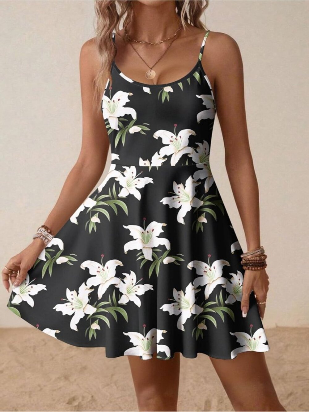 Women's Black White Floral Summer Dress Spaghetti Strap Floral Mini Casual Dress - Picture 3 of 6